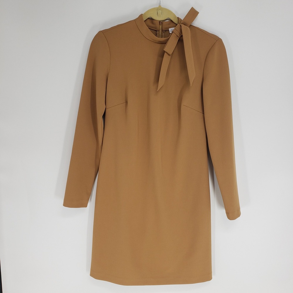 Calvin Klein Tie Neck Sheath Dress Women 4 Brown Long Sleeve Mock Neck Mini New